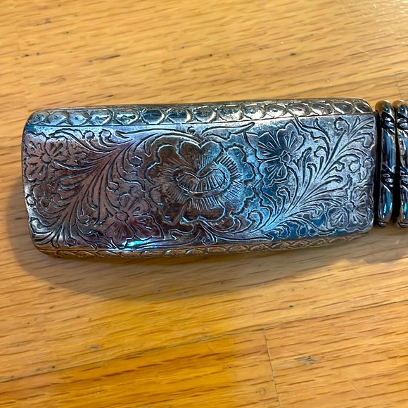 VTG Patricia Green Details Leather Belt Black Etched Buckle Medium Made IN USA - Picture 4 of 9